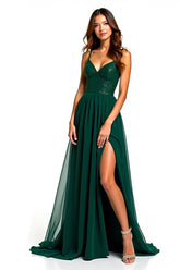 Dunkelgrünes Spaghettiträger A Linie Langes Hochzeitsgastkleid mit Schlitz